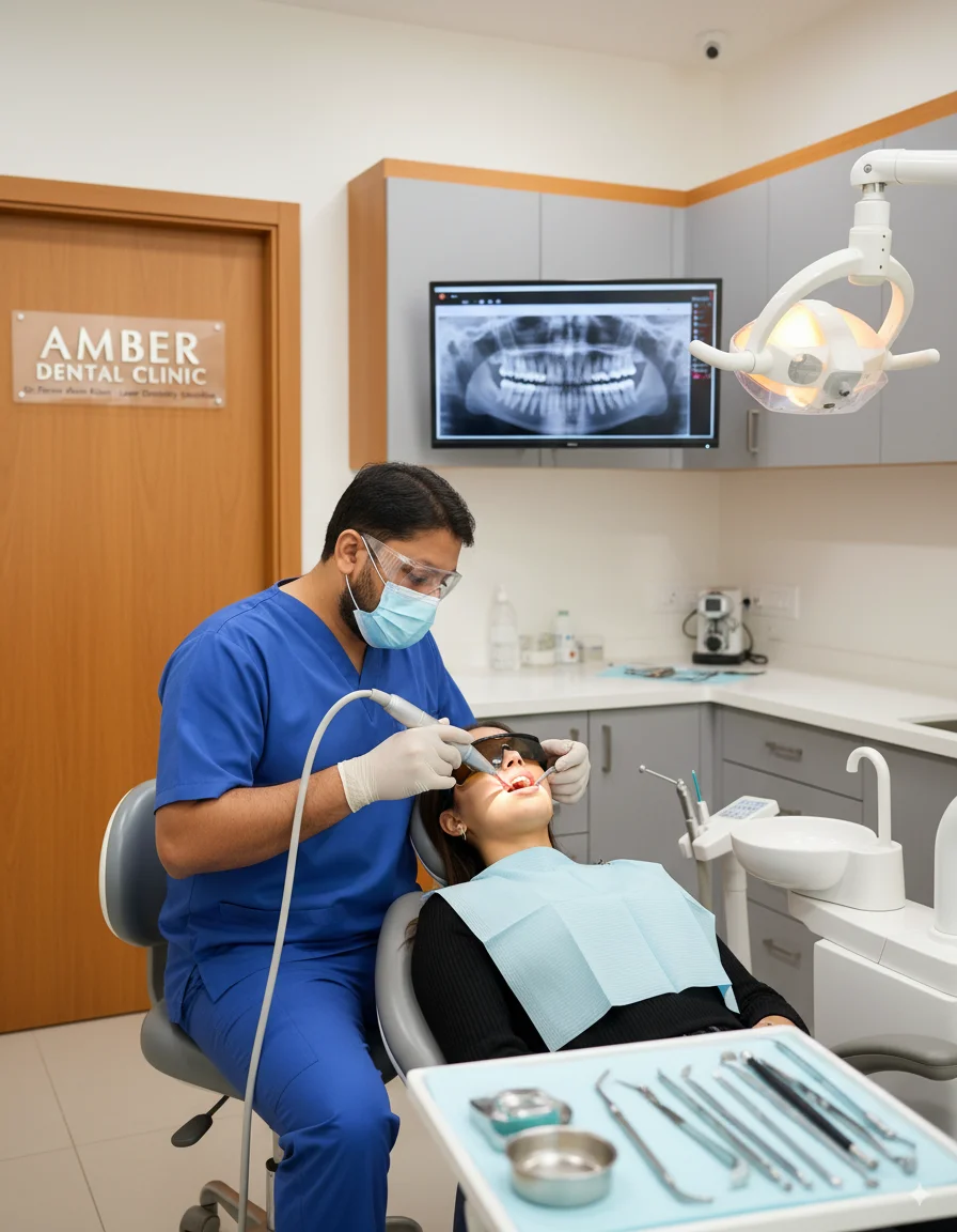 Dr. Parvez Alam Khan performing advanced laser dental treatment at Amber Dental Clinic Bijnor